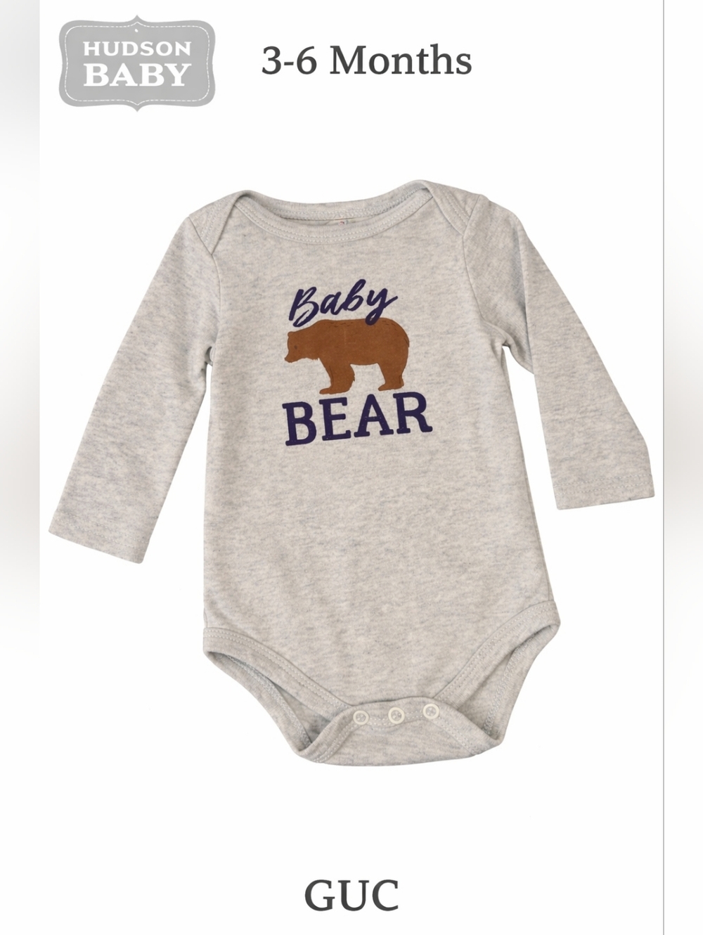 Hudson Baby Bear Gray Long Sleeve Bodysuit 3-6 Months Bodysuit, GUC